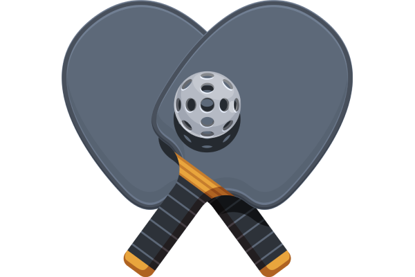 Two crossed pickleball paddles with a perforated ball above them on a gray background