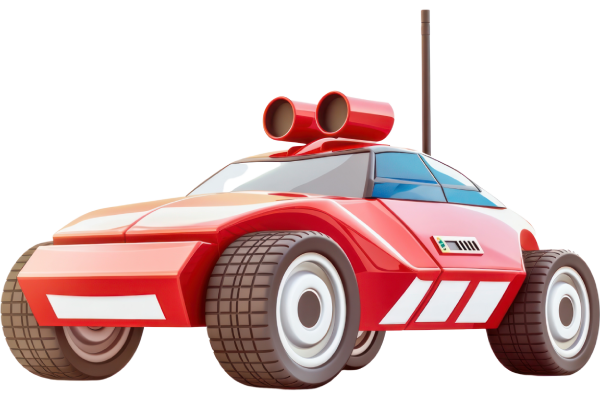 Red cartoon race car with two roof exhaust pipes on a white background