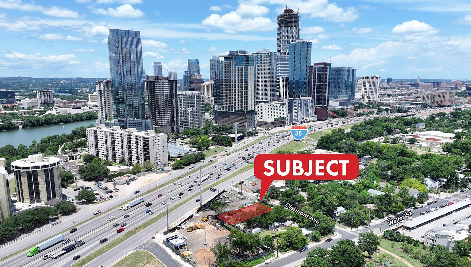 Aerial view of Austin, Texas skyline with the subject area marked.