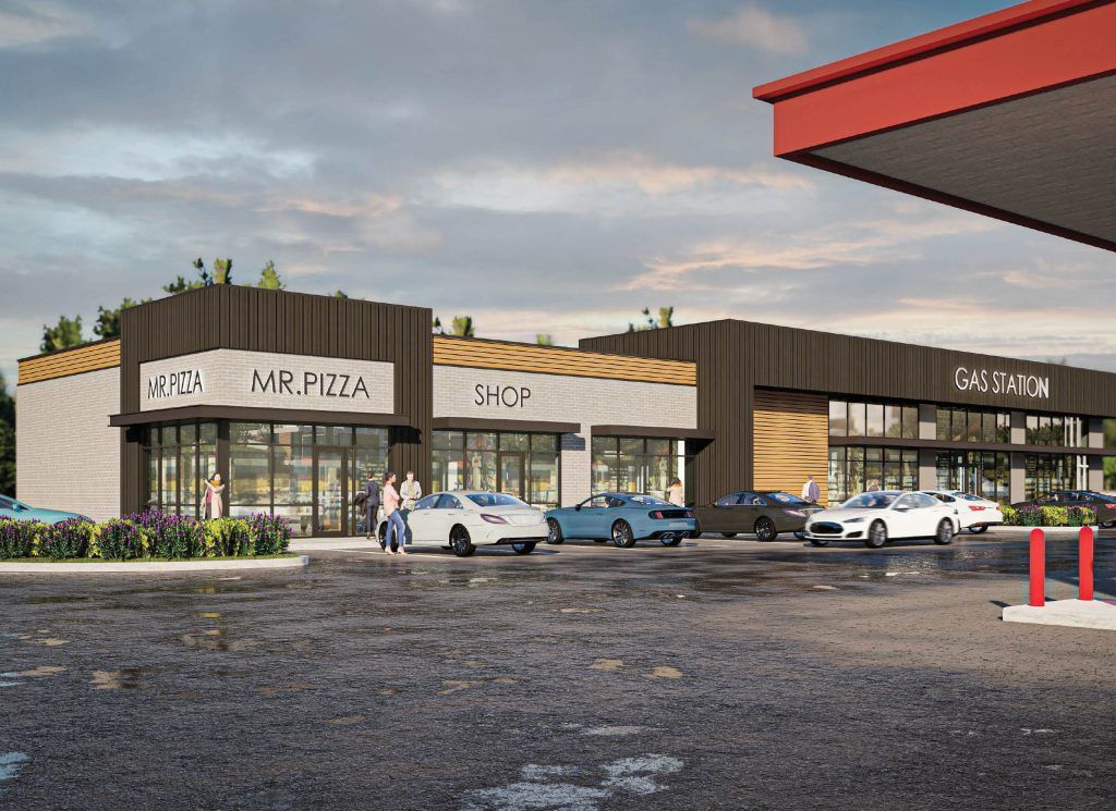 an artist 's impression of a gas station with cars parked in front of it .