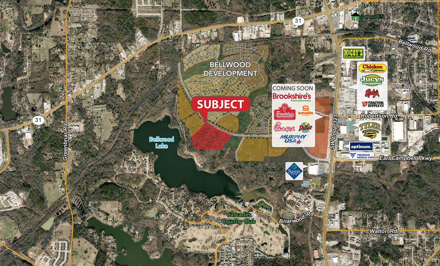 Aerial view of a proposed development site near a lake and commercial area.