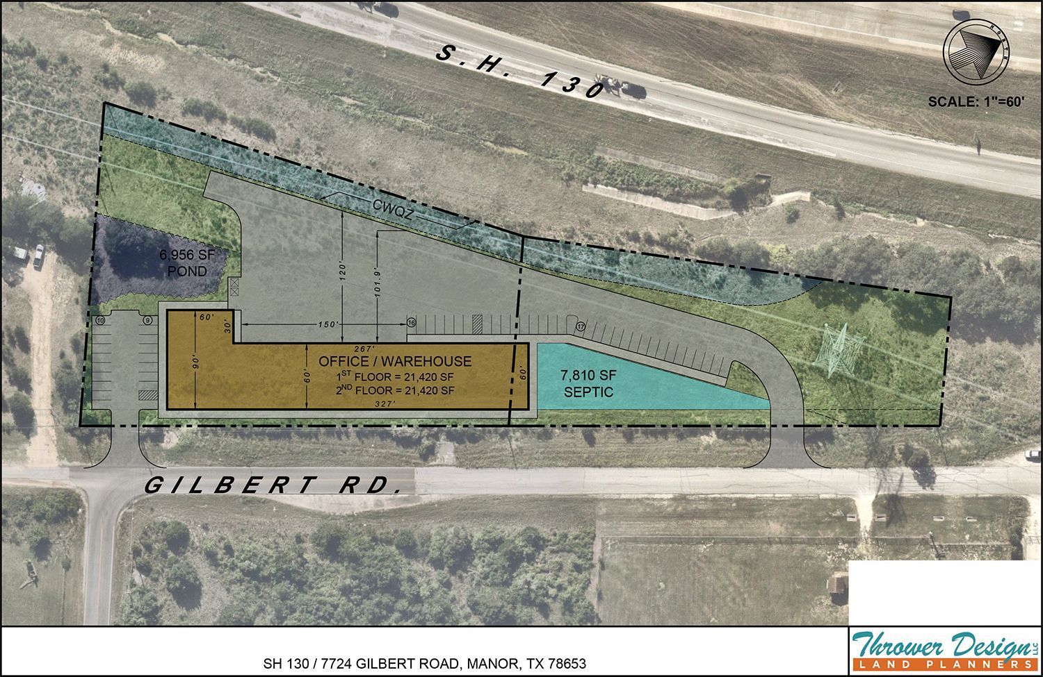 Site plan map showing a proposed building layout with parking along Gilbert Rd.