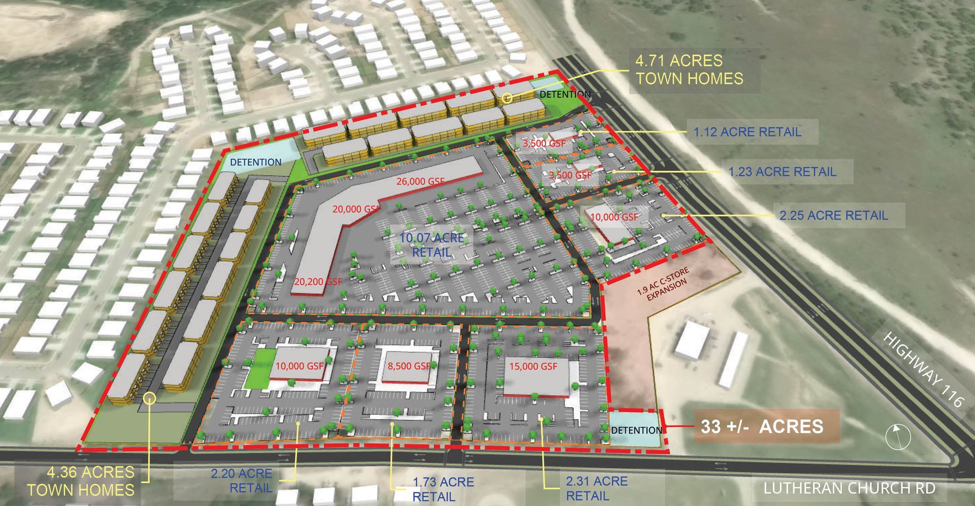 An aerial view of a residential area with lots of parking lots