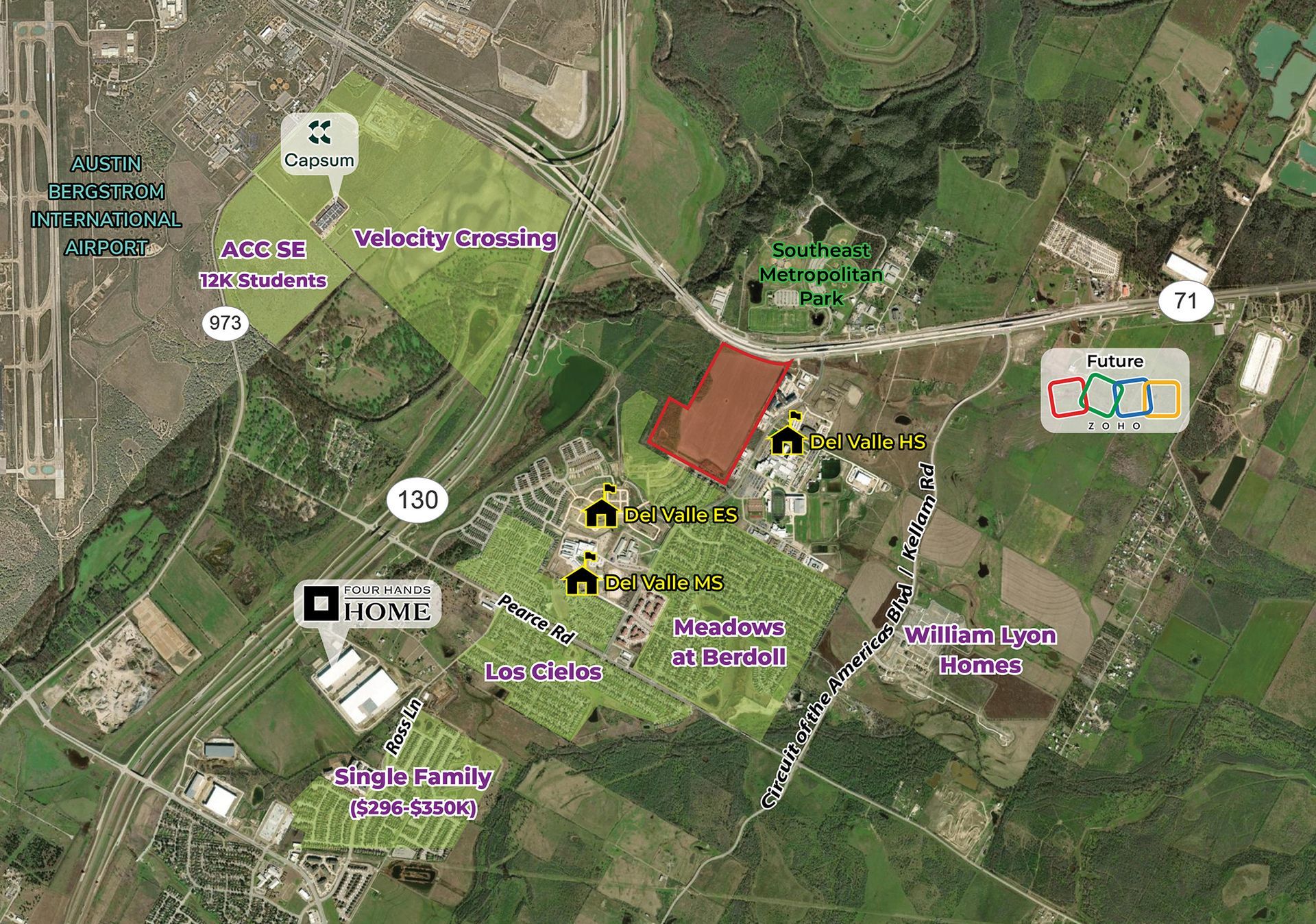 Aerial map showing farmland, roads, and a highlighted red field area