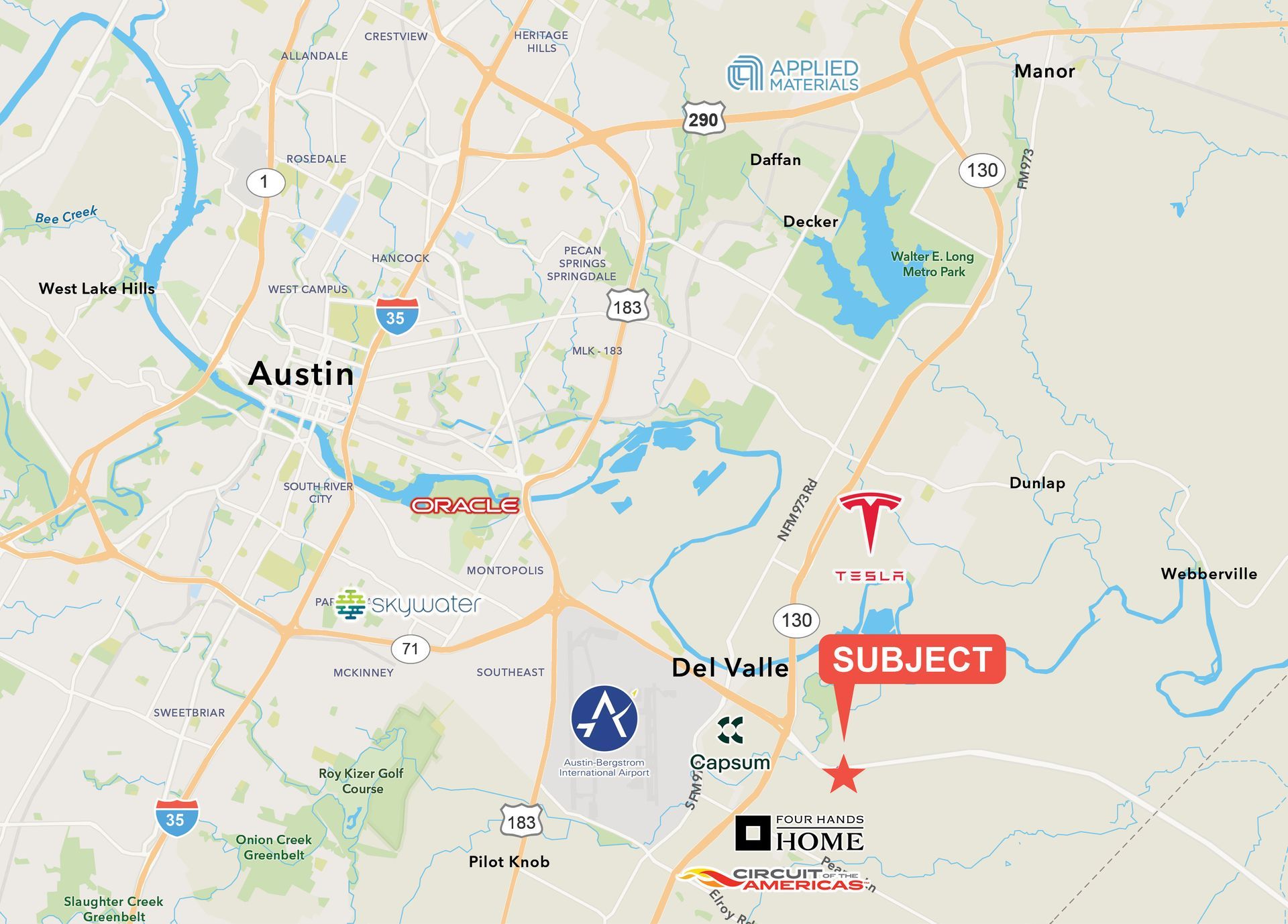 Map of Austin, Texas with a red “SUBJECT” marker southeast of downtown near Del Valle