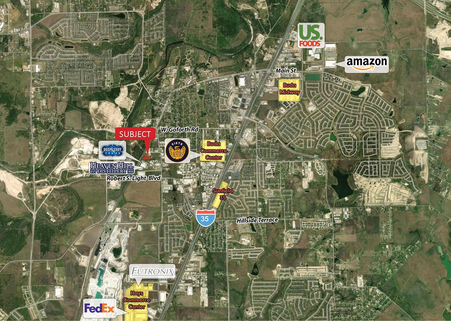 Aerial map with business logos marking locations across a suburban area.