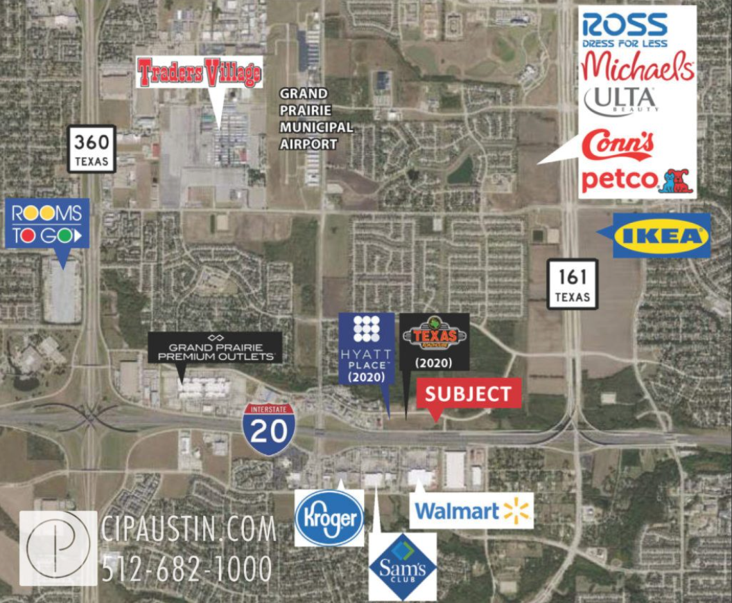 an aerial view of a city with stores such as ross michael 's ulta and petco