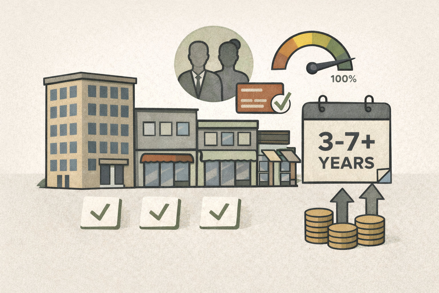 Shops with check marks, couple, gauge at 100%, calendar at 3-7+ years, and rising coins.