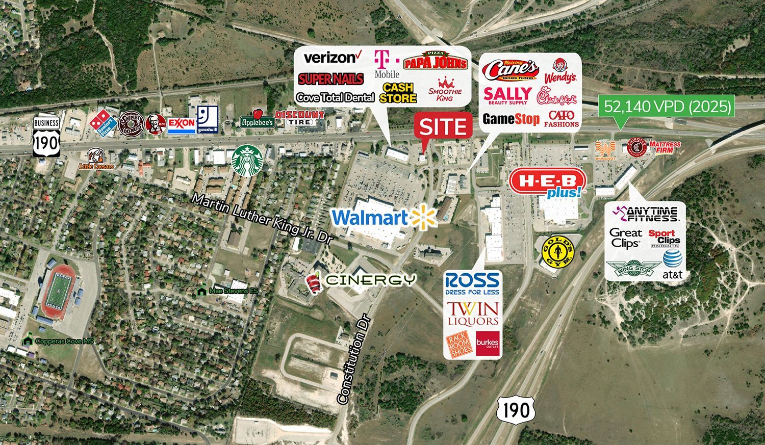 Aerial view of a retail site map with Walmart, H-E-B, and multiple store logos along a highway.