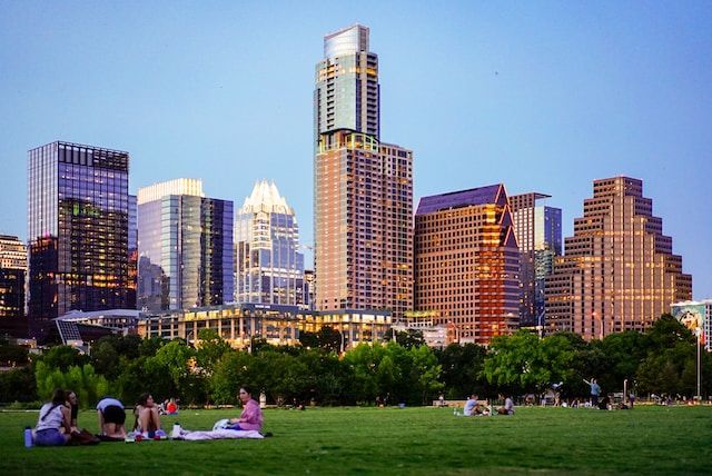 a group of people are sitting on the grass in a park in front of a city skyline .
