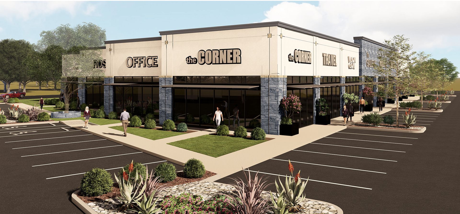 Outdoor rendering of a shopping plaza