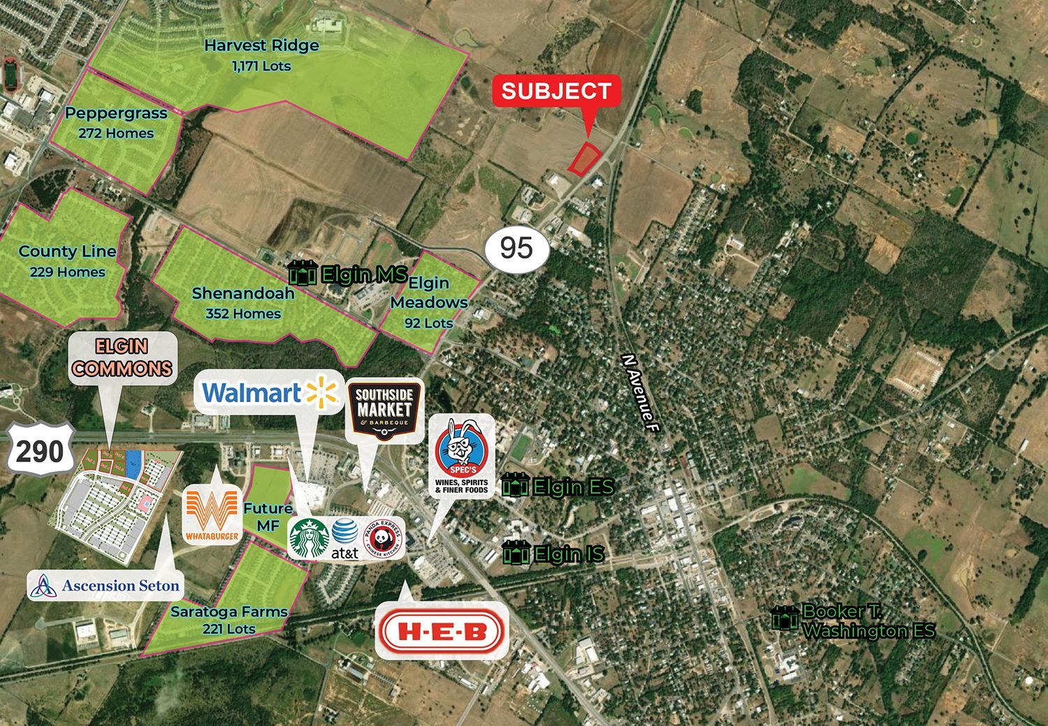 Map of a suburban area with a red “SUBJECT” label, highways 95 and 290, and nearby businesses highlighted.