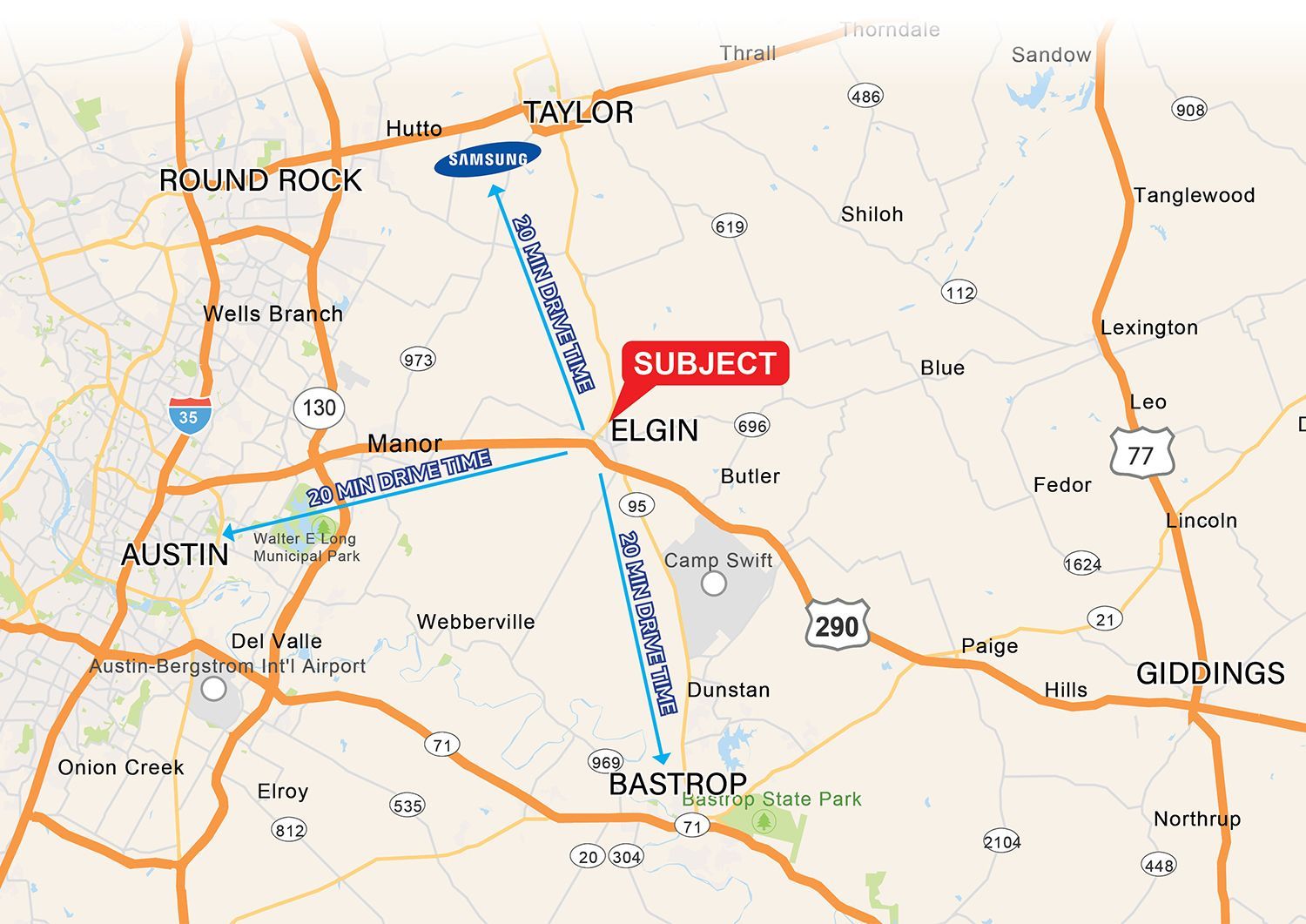 Map of central Texas showing a highlighted route between Austin, Bastrop, and Taylor.