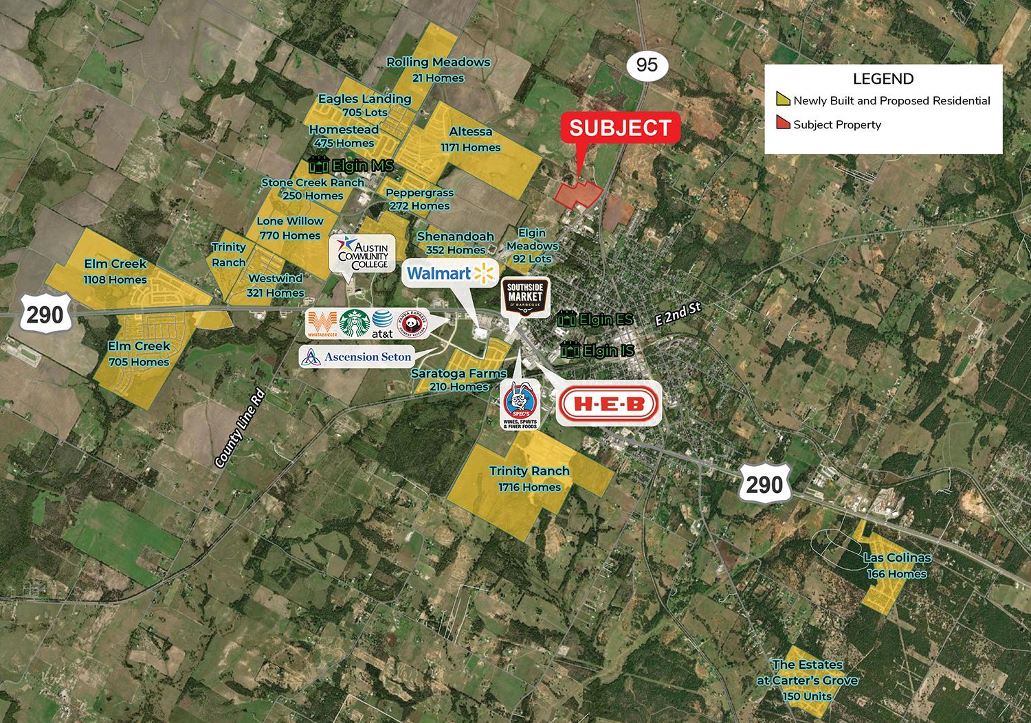 Map with many highlighted yellow locations, roads 250 and 290, and store logos like H-E-B, Walmart, and Subway.