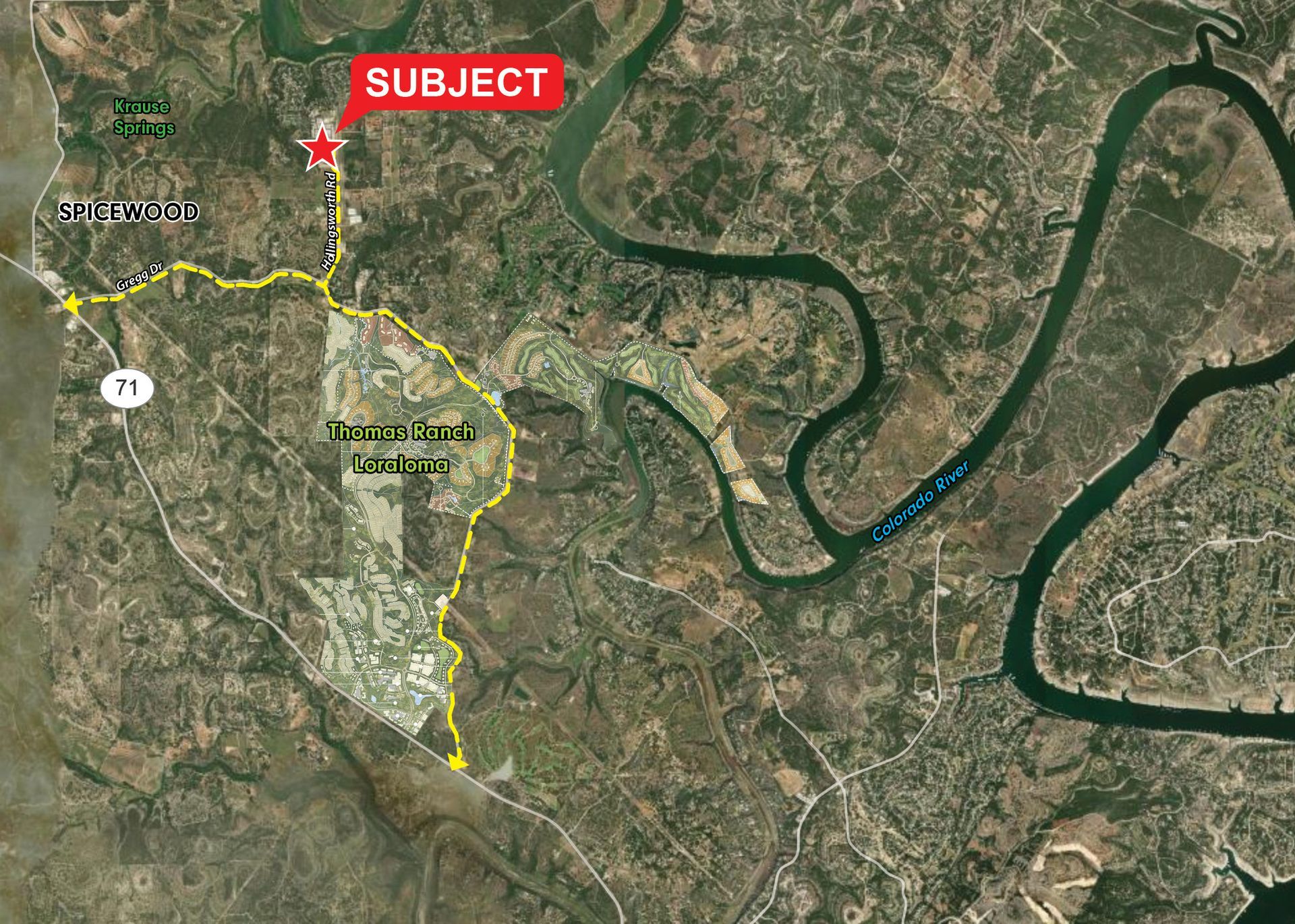 Satellite map with a red “SUBJECT” marker and a yellow route line near a winding river