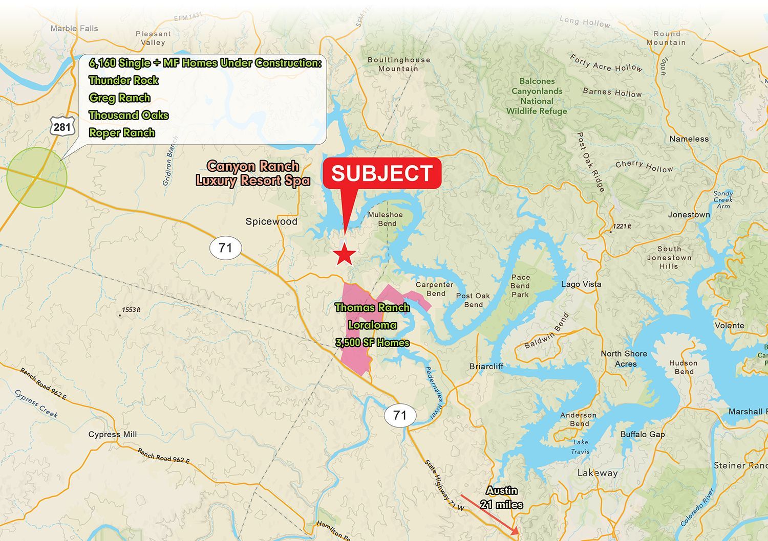 Map of a river region with a red “SUBJECT” marker and labeled points of interest
