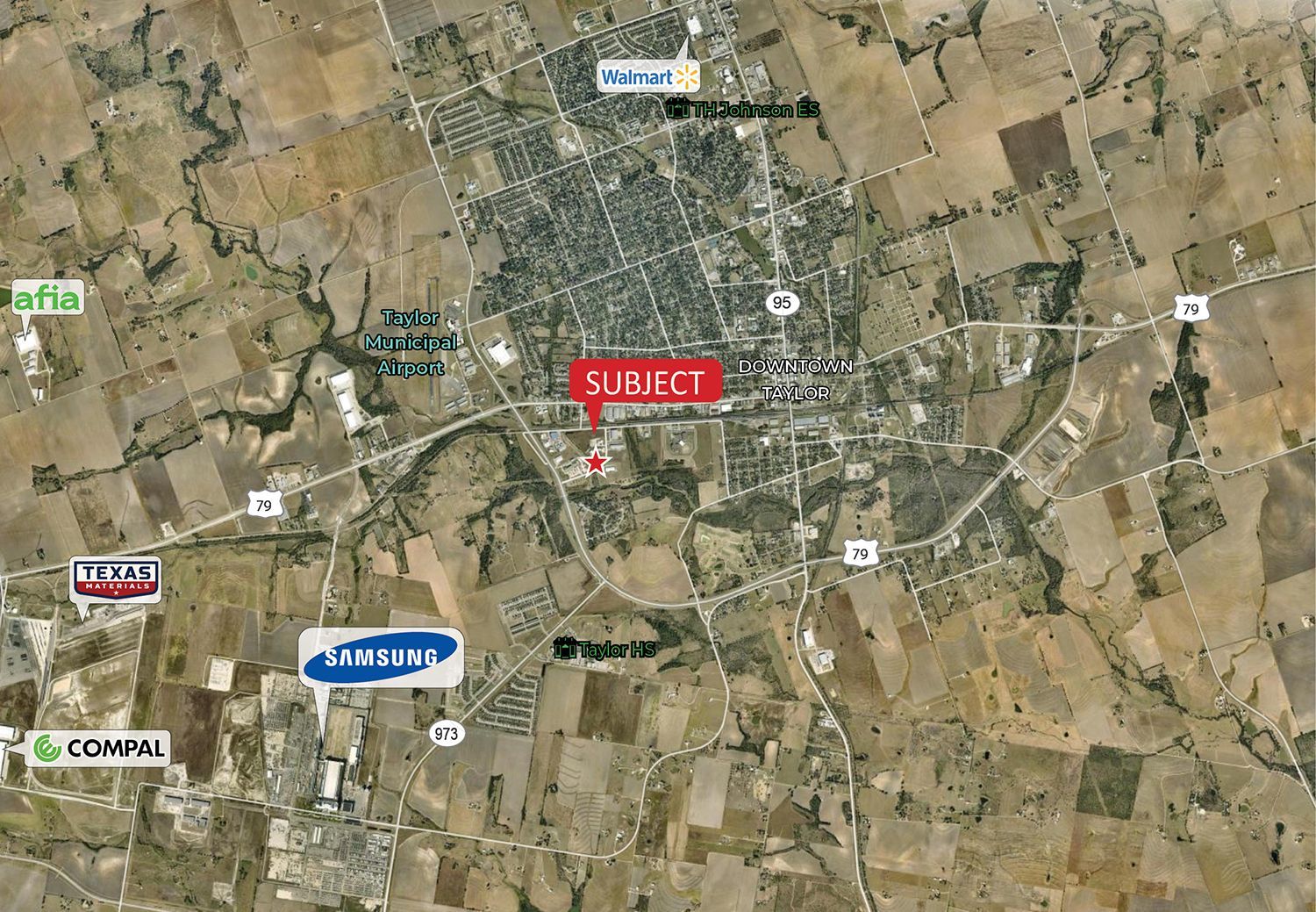 Satellite map with labeled markers, including a red “SELECT” marker over a rural area.