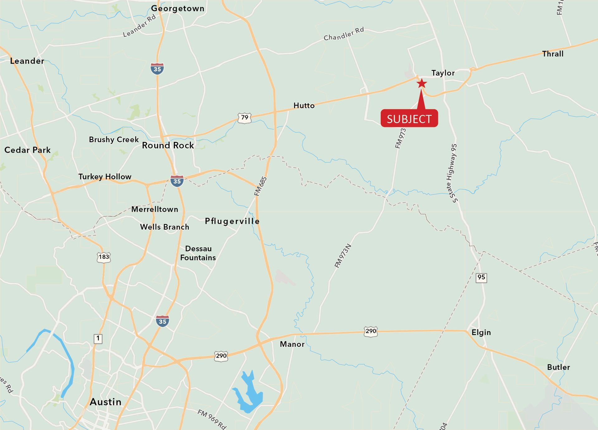 Map view with a red labeled marker in a rural area near roads and small towns.