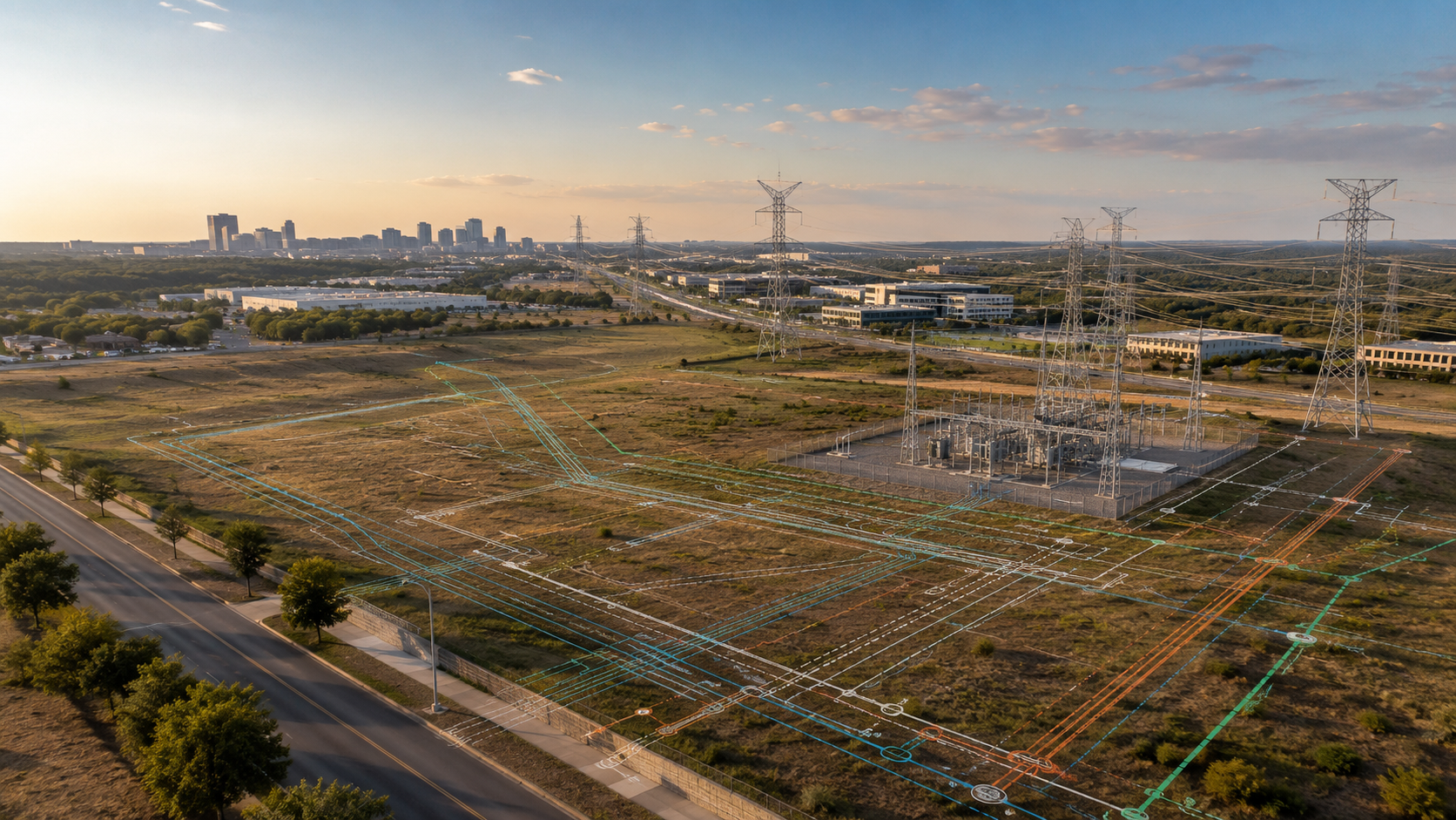 Commercial land development site in Central Texas with utility, power, road, and  infrastructure