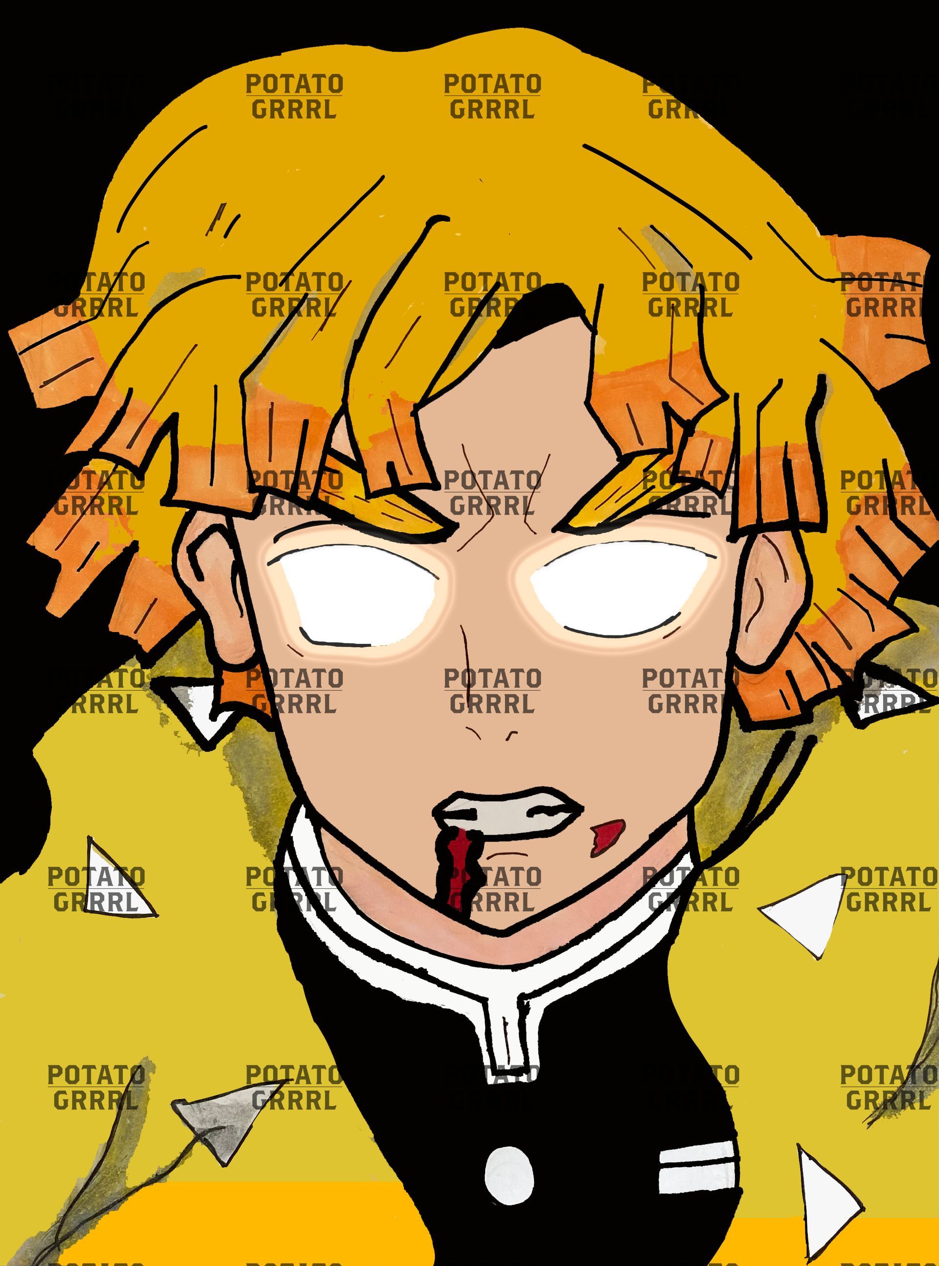 Zenitsu in his full power mode.His eyes glow.(colour)