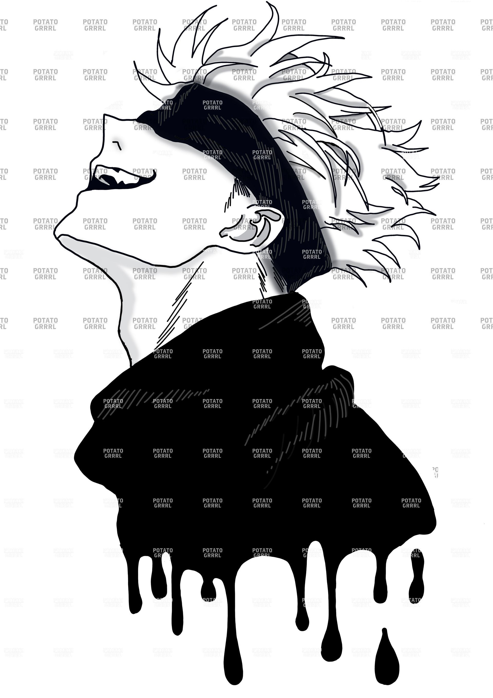 One of the strongest jujutsu sorcerres (Gojo). The picture is black and white. Half the gojo has an eye covered with cloth, and the other side has an eye covered by glasses. 