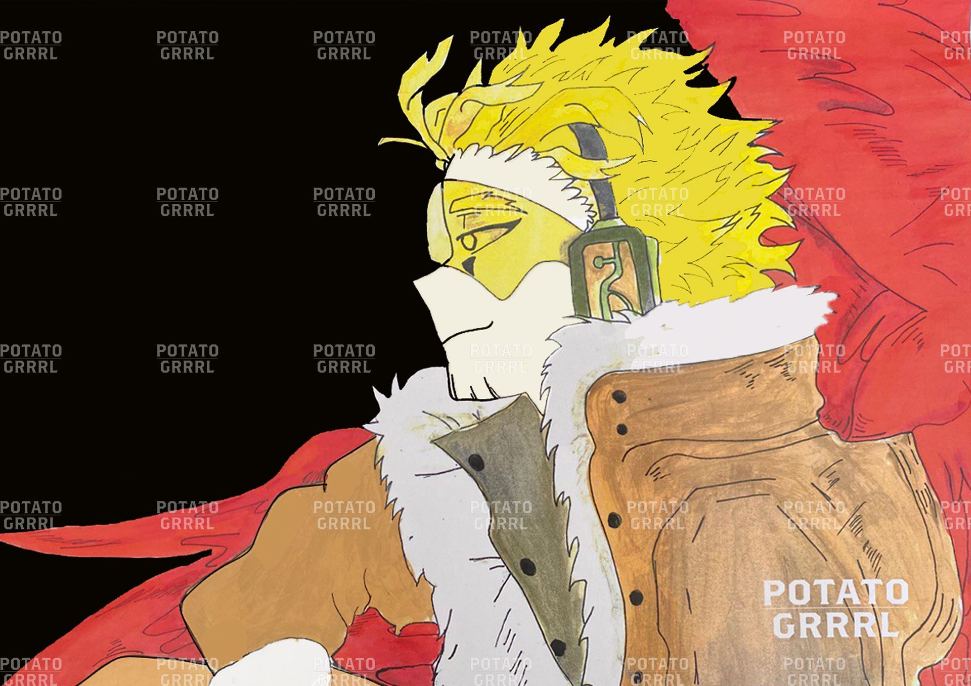 My Hero Academia presenting the superhero Hawks that has red wings and wears headphones