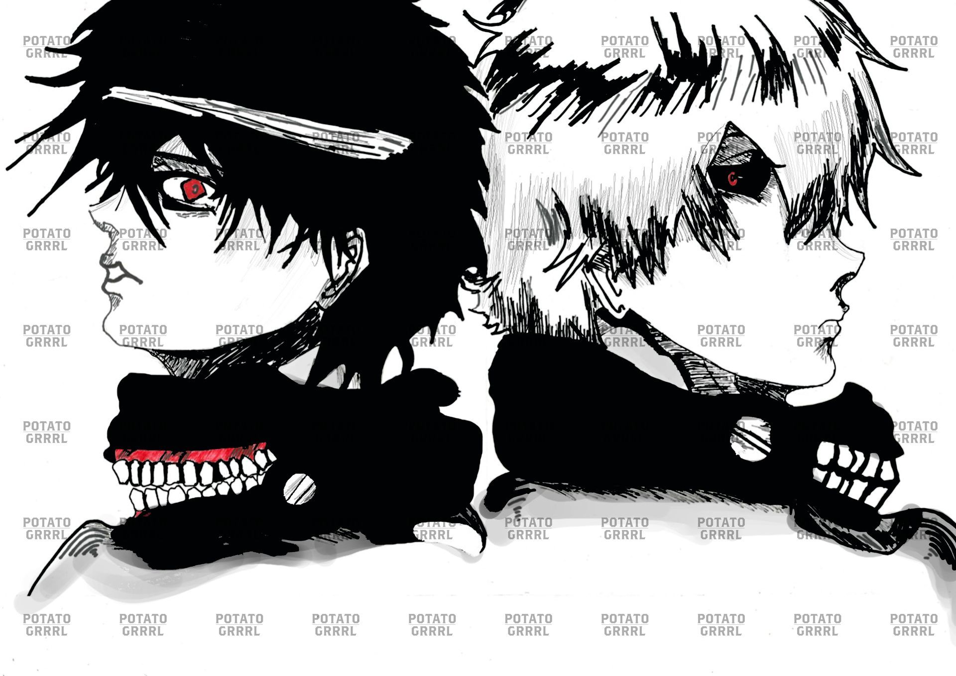ken shown both human and ghoul form. black and white only red in eyes and a little on the mask he wears.