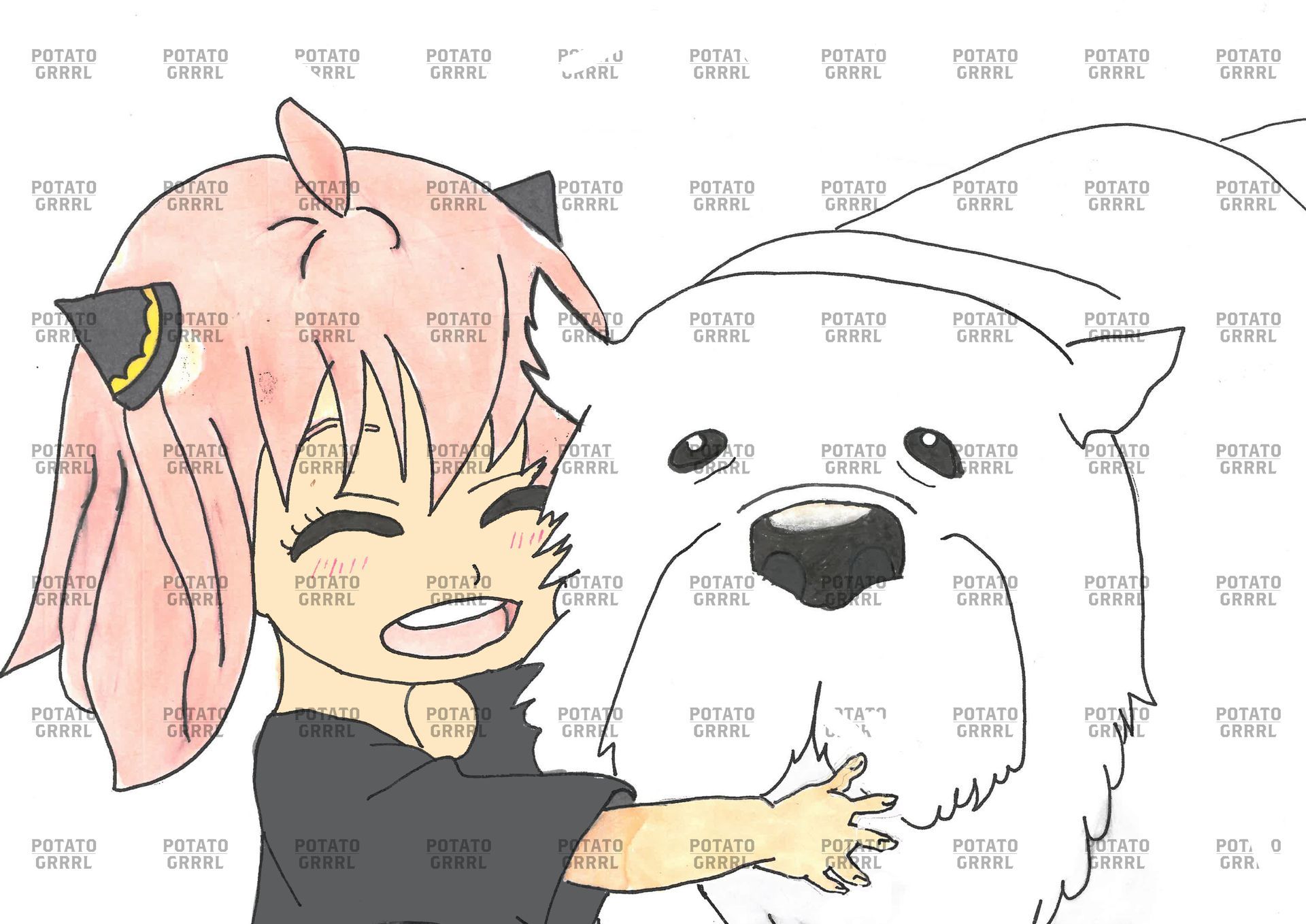 Anya  with baby pink hair hugging her  big white Dog Bond. (colour)