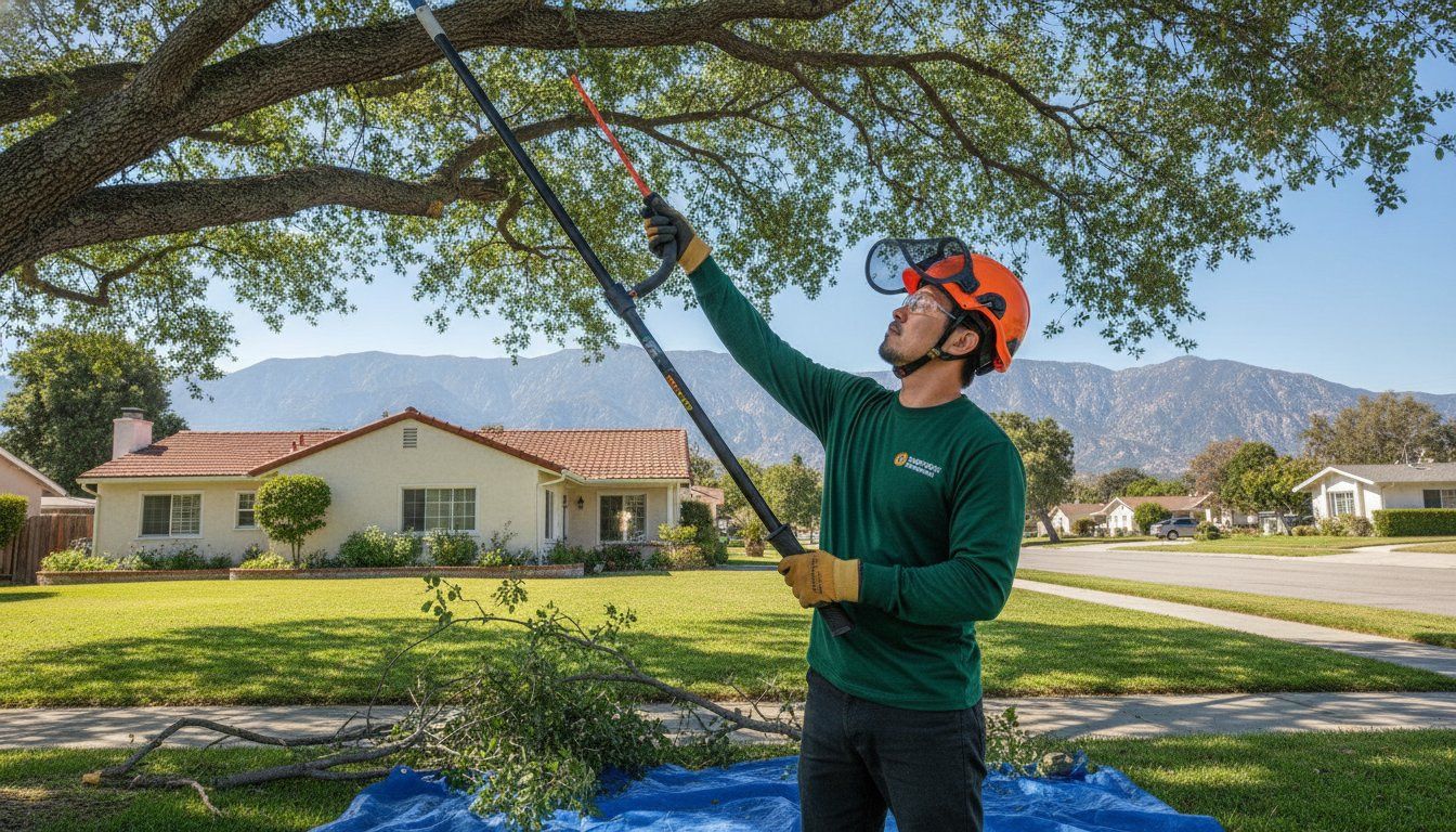 Man in green shirt standing and trimming a tree branch