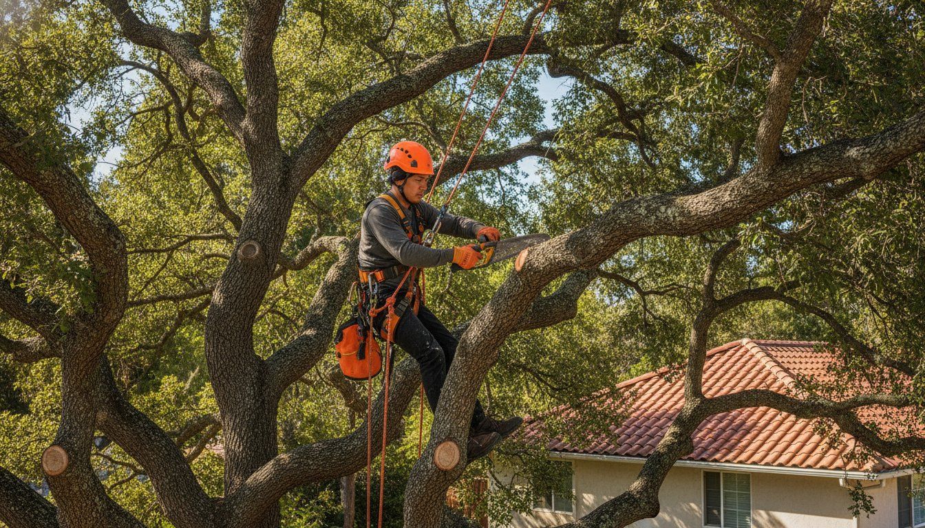 Man with orange rope and protective helmet standing high in tree and cutting branches.