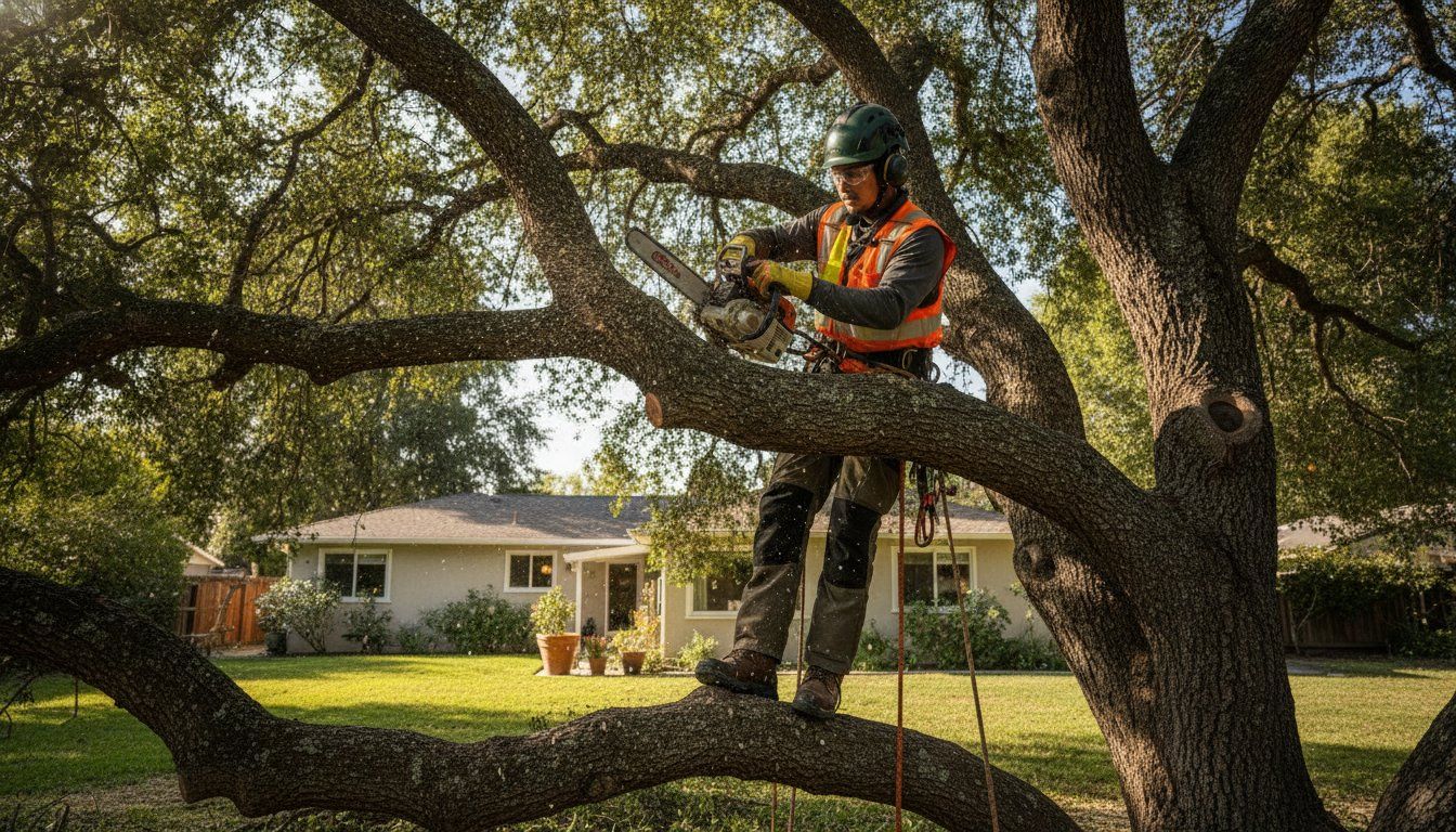 Professional tree trimmer in orange vest standing on tree branch