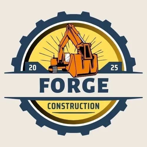 Logo for Forge Construction: orange excavator within a cog-shaped frame, blue and yellow with the words "Forge Construction".