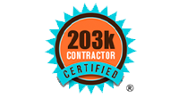 A 203k contractor certified logo on a white background.
