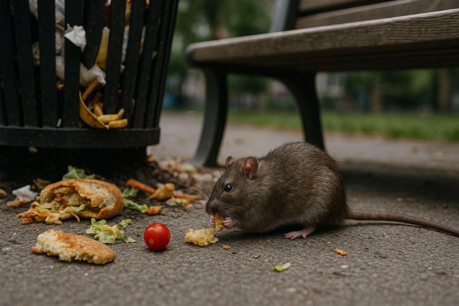 rat devant une poubelle sous un banc dans la rue
