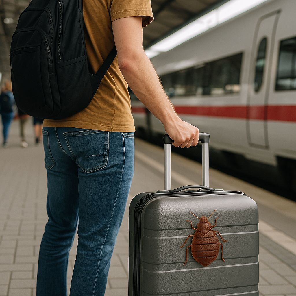 punaise de lit sur un bagage devant un train