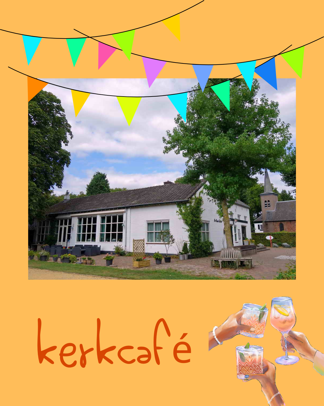 foto van dorpshuis met slingers de locatie van het kerkcafé