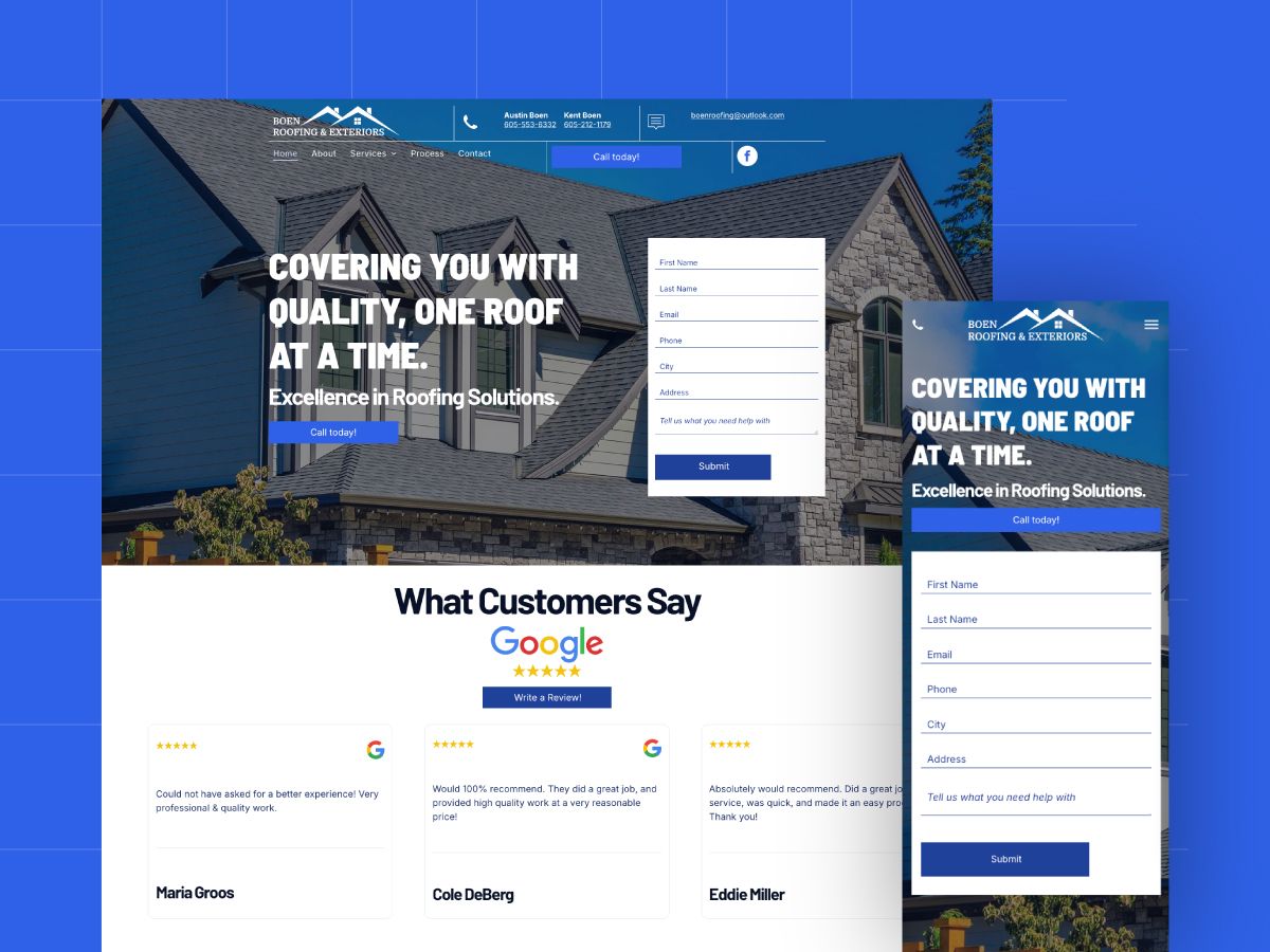 A screenshot of a website for a roofing company.