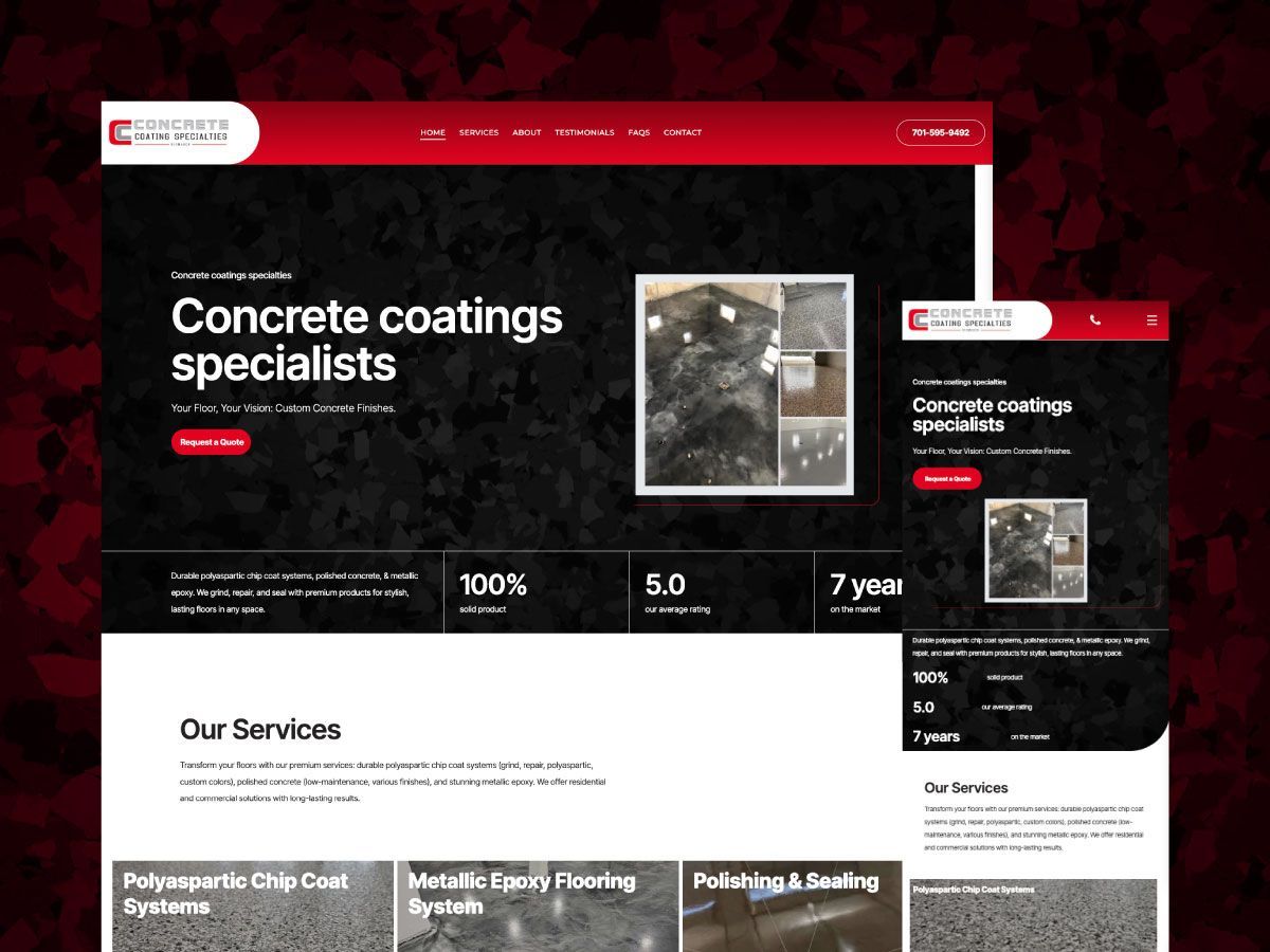 A screenshot of a website for concrete coatings specialists.