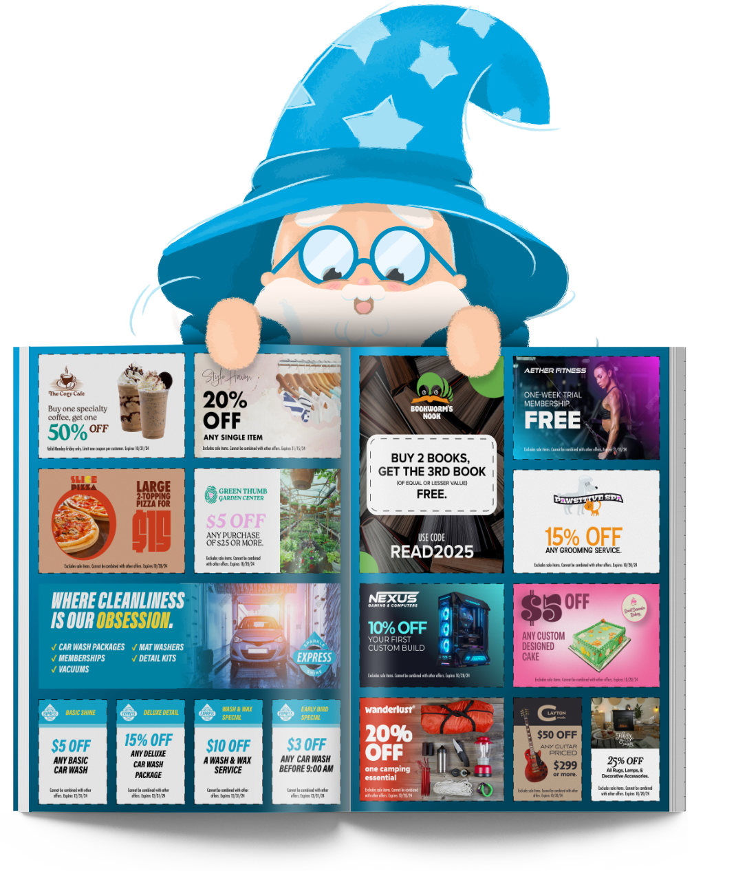 A wizard is holding a book with coupons on it