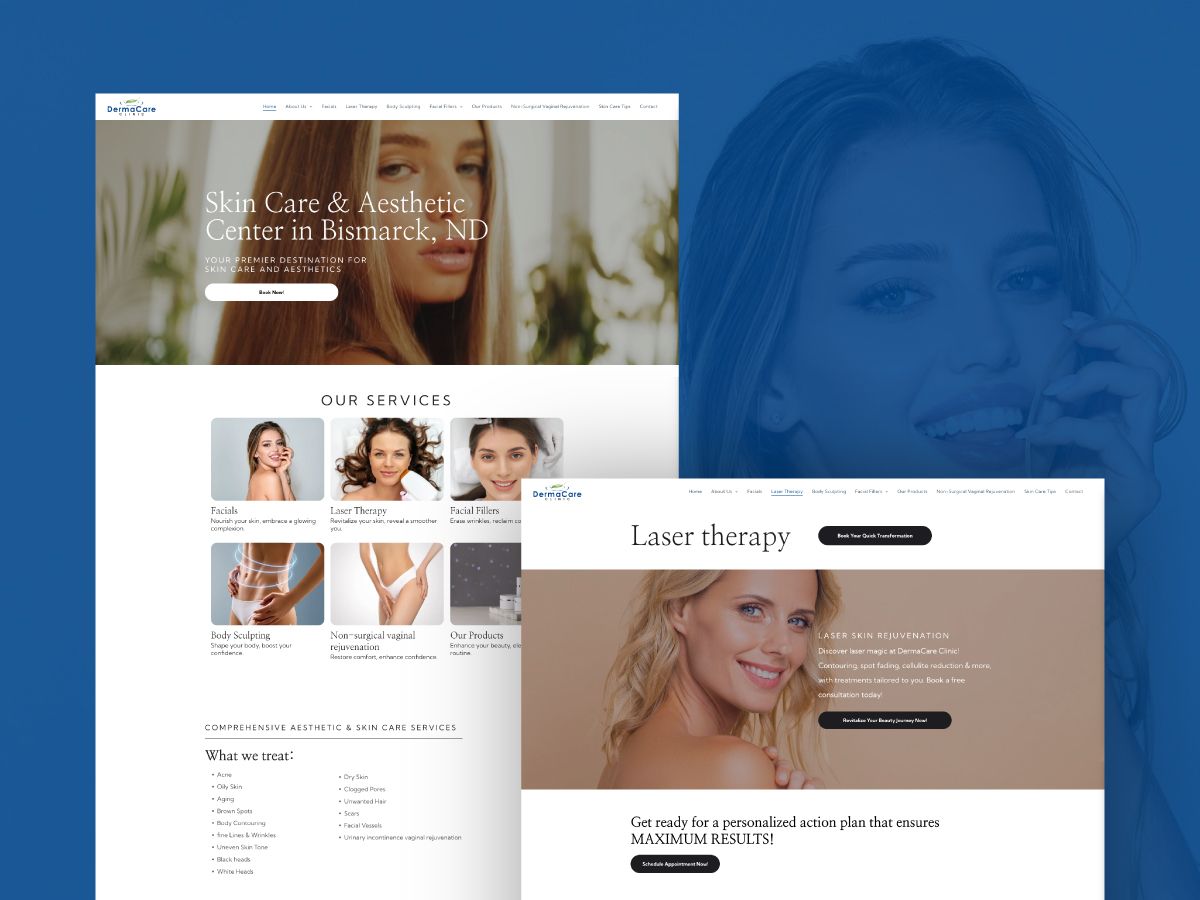 A woman is smiling on a website with a blue background.