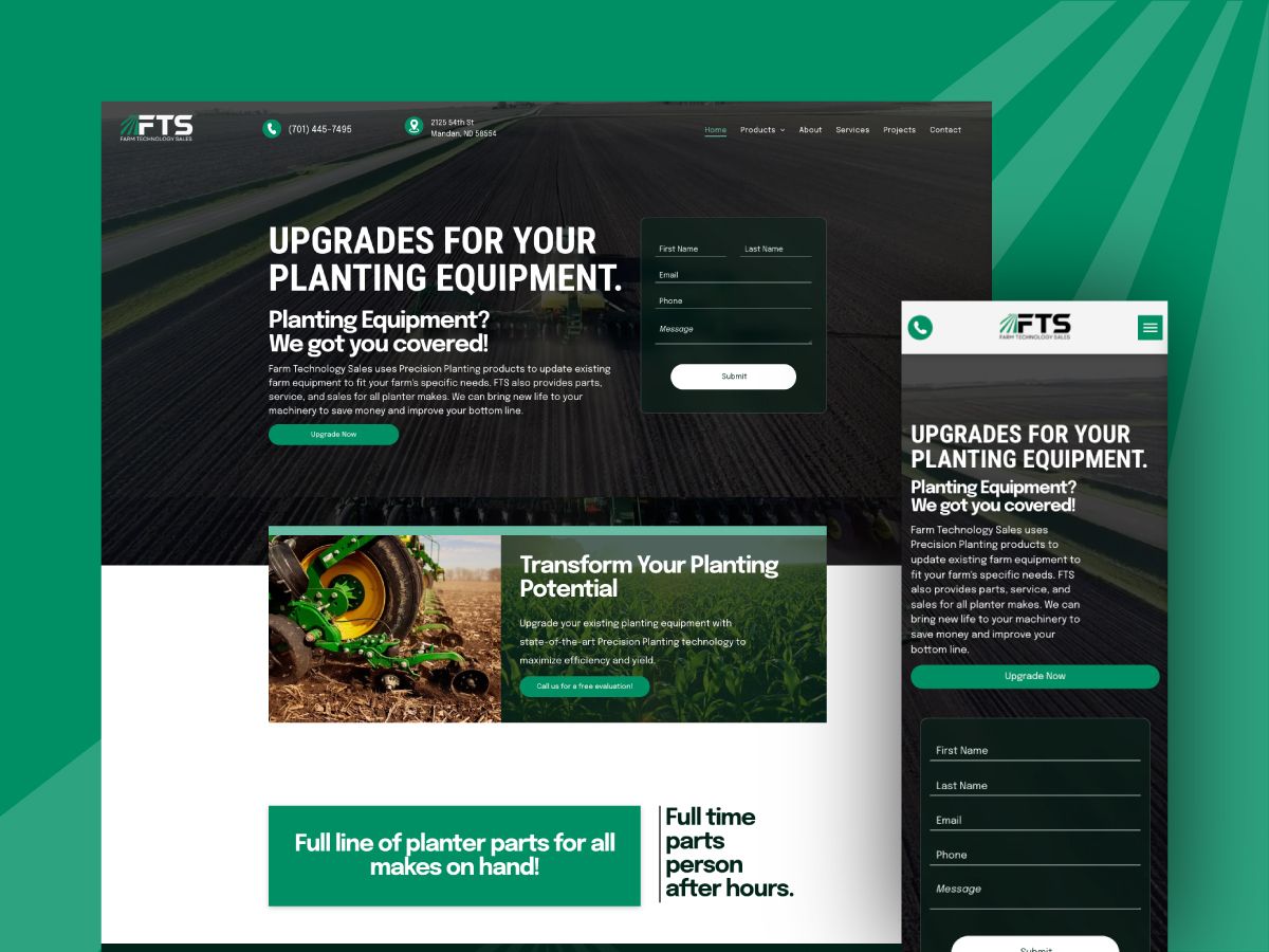 A landing page for a website that says upgrades for your planting equipment.