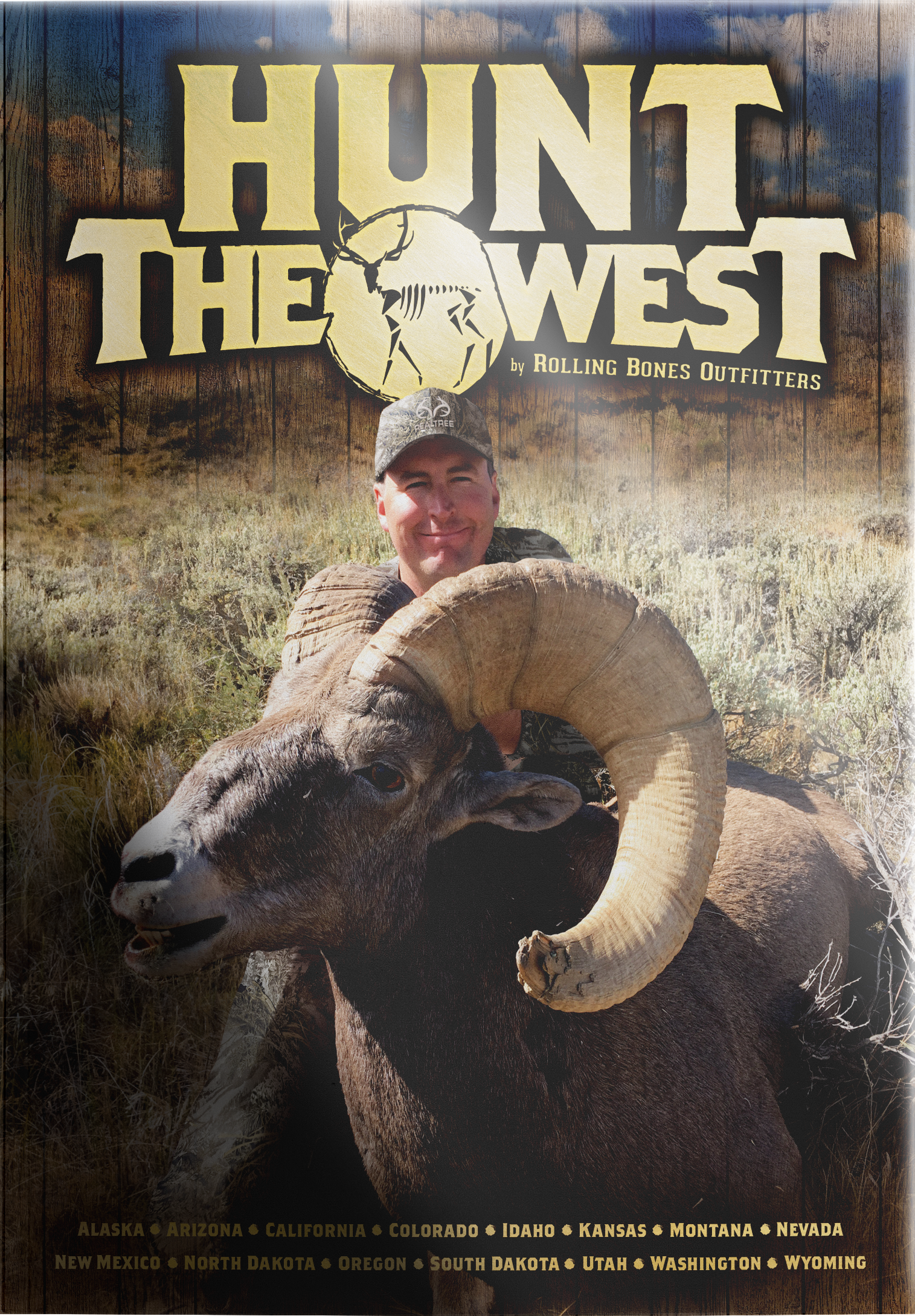 A man is riding a ram on the cover of a magazine called hunt the west.
