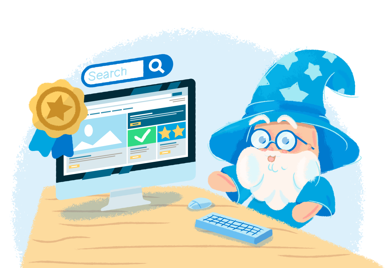 Cartoon of a wizard at a computer searching online, with a search bar and a medal icon on the screen