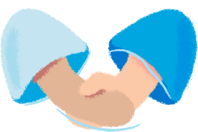 Two hands clasping in a fist bump, one sleeve light blue and the other bright blue.