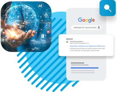 a person is holding a glowing globe in their hand next to a google search bar .
