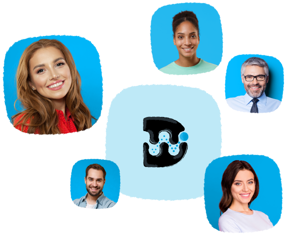 A group of people are standing around a letter d.
