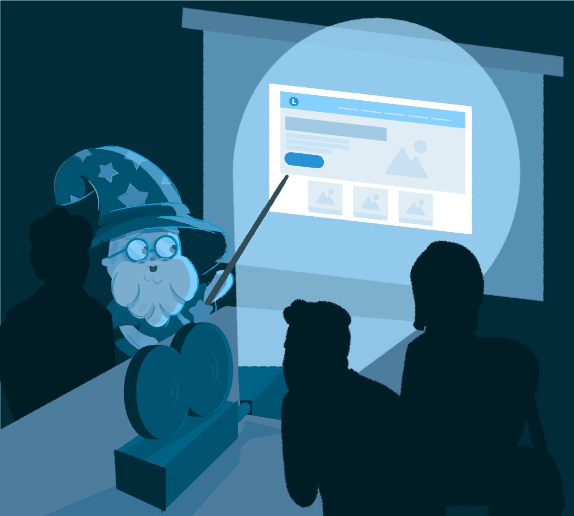 Wizard presenting a slide to a small audience in a dark room, blue-toned projection on screen