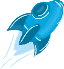A blue rocket is flying through the air on a white background.