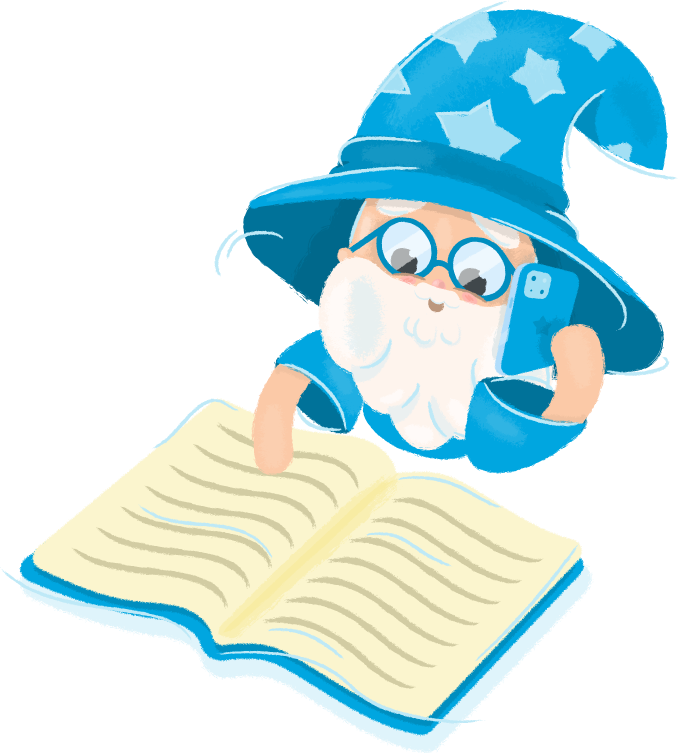 A wizard is reading a book and talking on a cell phone