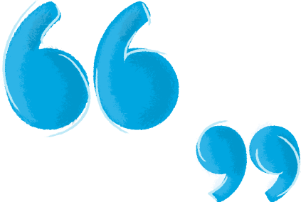 A pair of blue quotation marks on a white background.